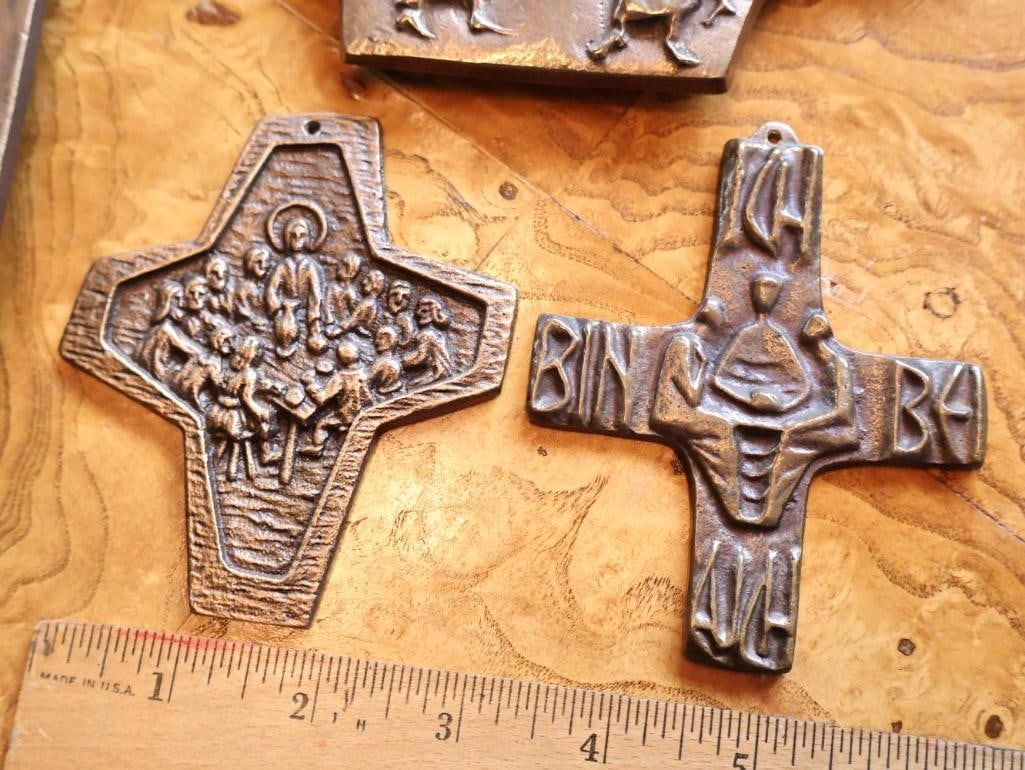 Collection of Christian Bronze Religious Wall Plaques & Crosses - 5