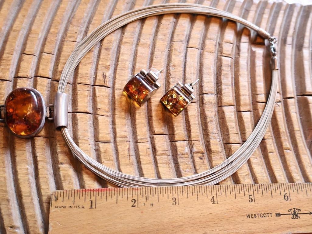 Sterling Silver & Amber Modernist Necklace and Earrings Set - 4