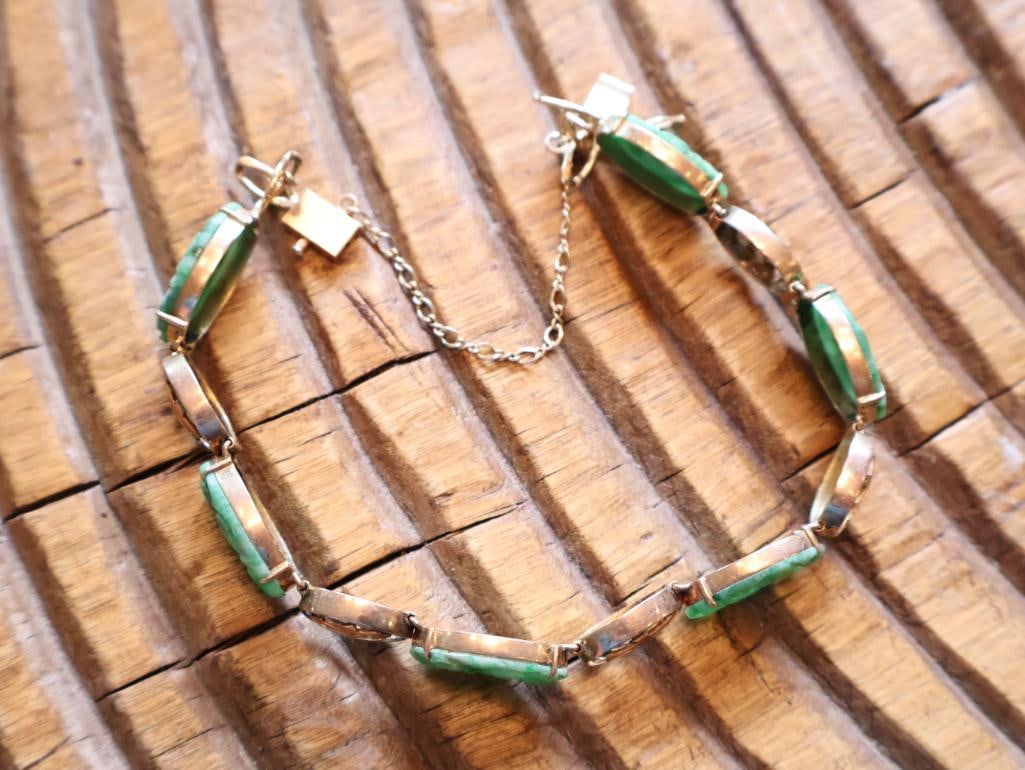 Vintage 14K Gold Green Stone Link Bracelet, Jade-Style Cabochons - 4