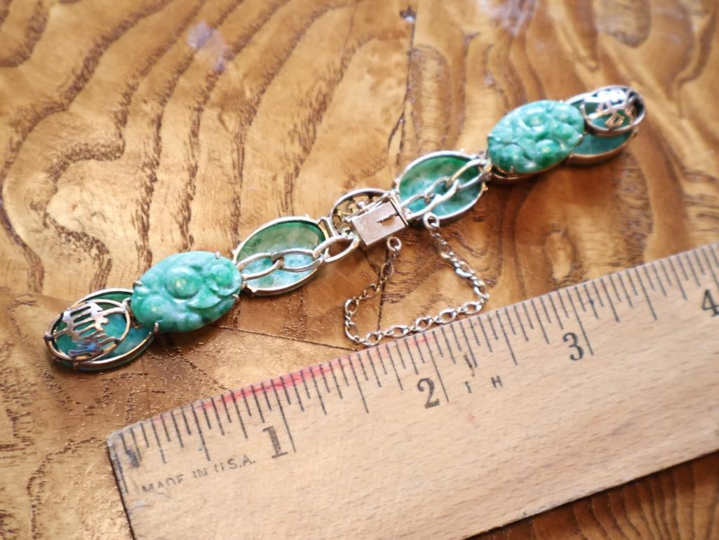 Vintage 14K Gold Green Stone Link Bracelet, Jade-Style Cabochons - 6