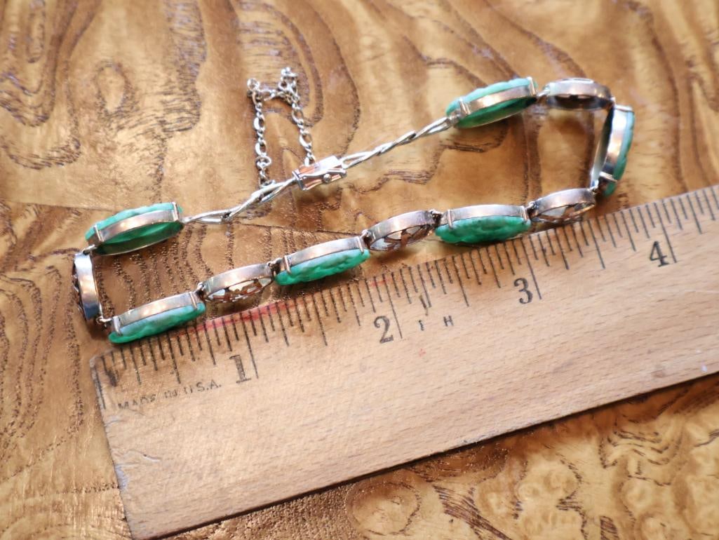 Vintage 14K Gold Green Stone Link Bracelet, Jade-Style Cabochons - 7