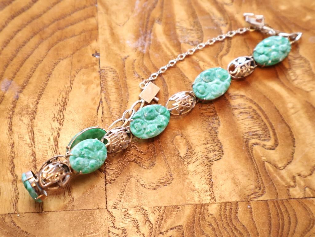 Vintage 14K Gold Green Stone Link Bracelet, Jade-Style Cabochons - 8