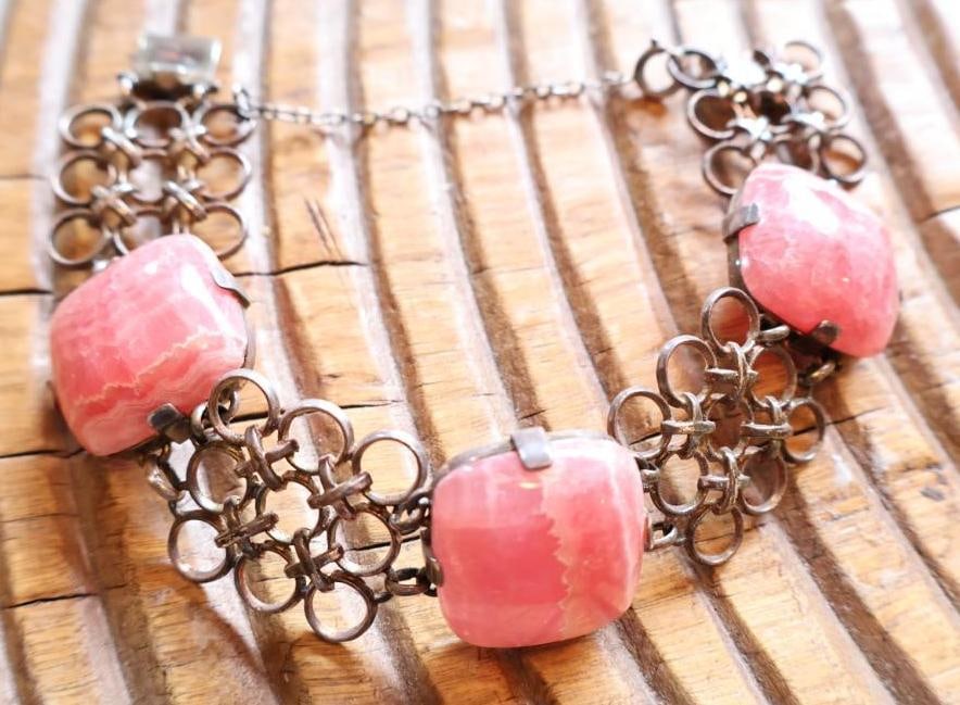Vintage Mexican Brutalist Style Bracelet: Featuring natural pink rhodochrosite gemstones set in .925 sterling silver. Gemstones have not be tested.