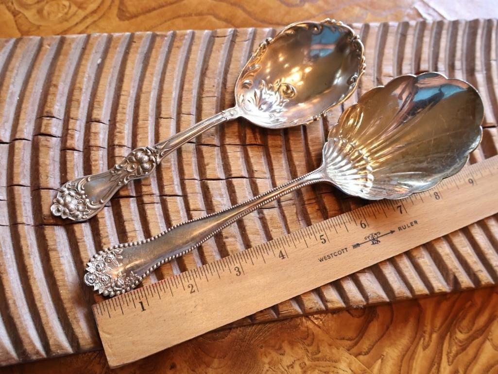 2 Antique Sterling Silver Ornate Serving Spoons Floral & Shell Patterns - 2