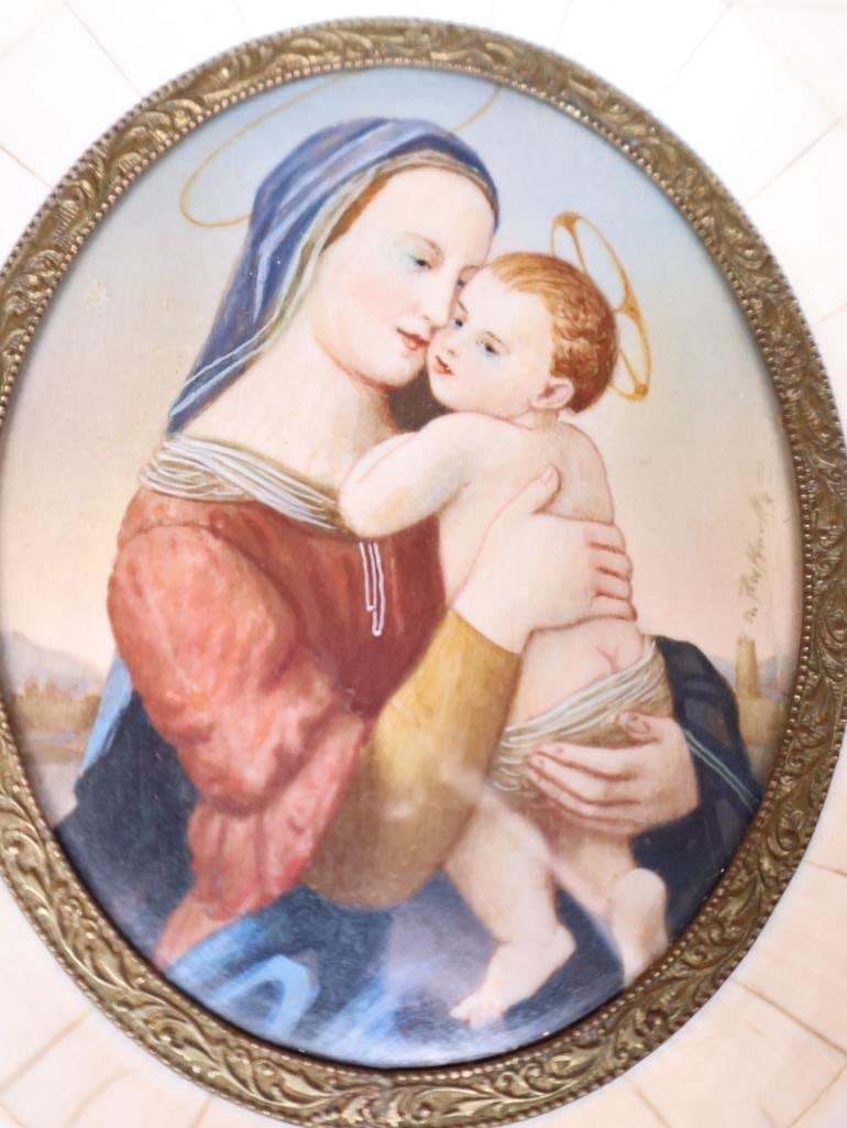 Pair Antique Religious Miniature Paintings, Mother-of-Pearl Frames - 11
