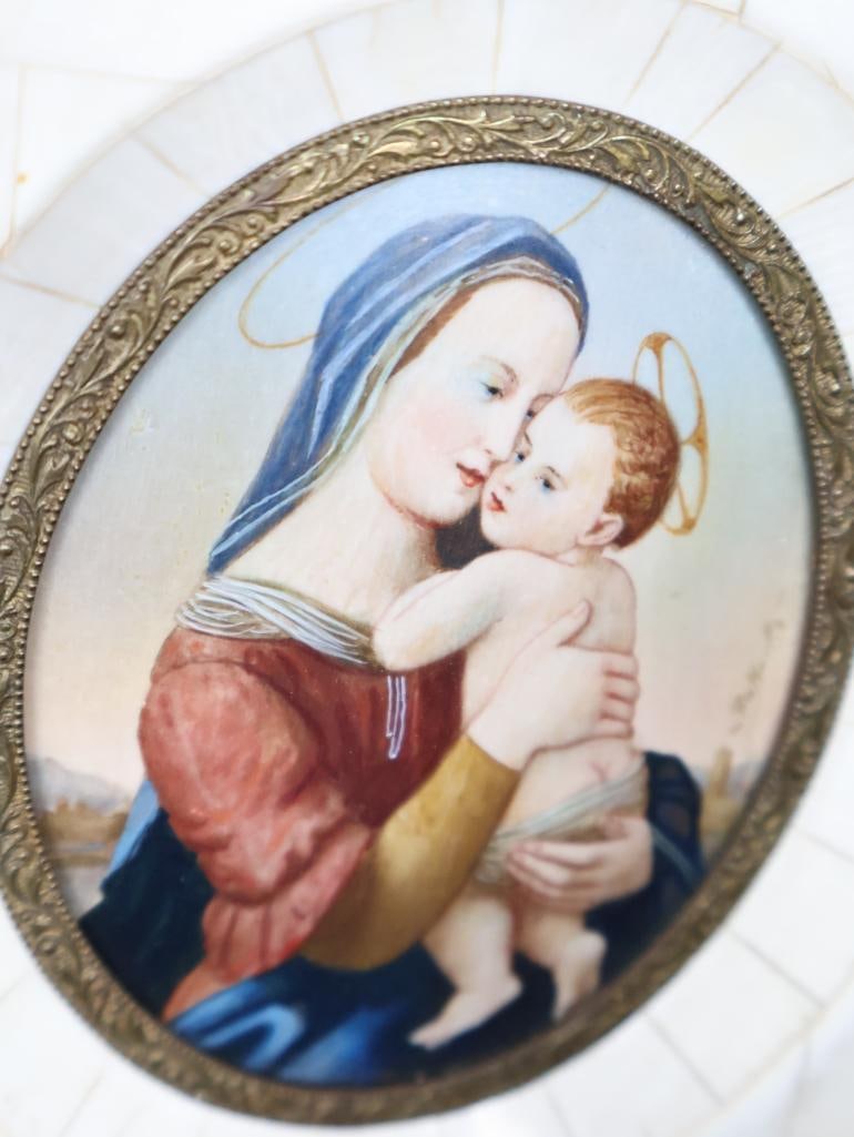 Pair Antique Religious Miniature Paintings, Mother-of-Pearl Frames - 12