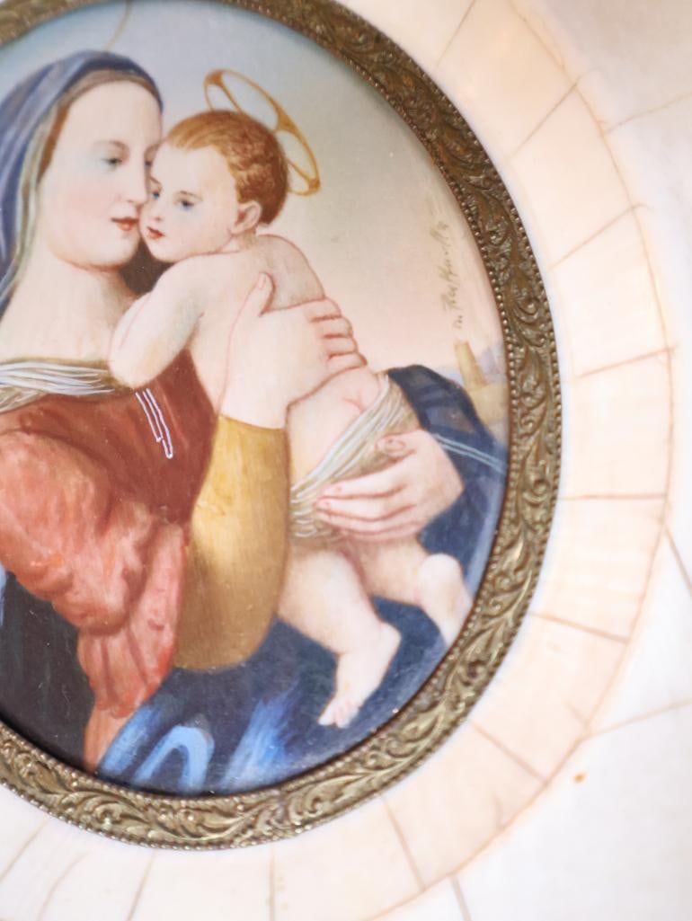 Pair Antique Religious Miniature Paintings, Mother-of-Pearl Frames - 13