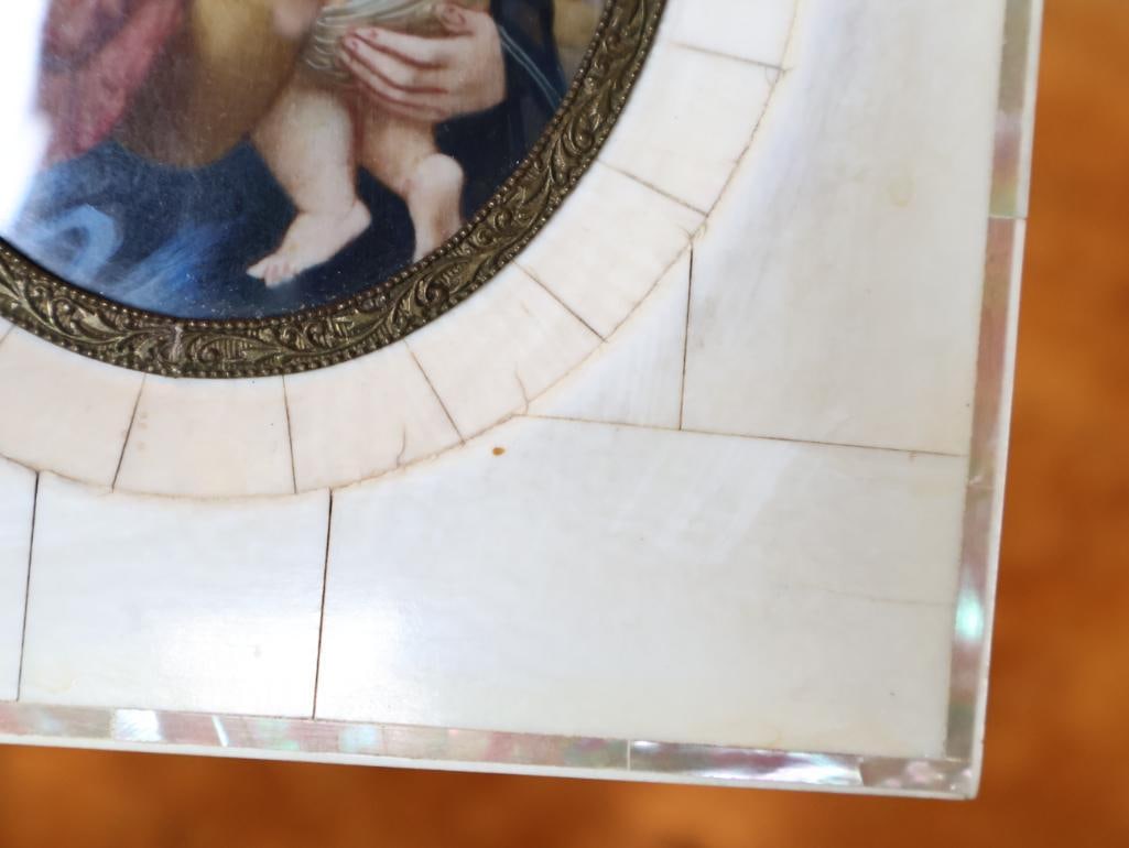 Pair Antique Religious Miniature Paintings, Mother-of-Pearl Frames - 15