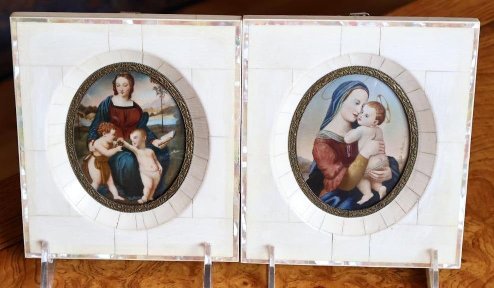 Pair Antique Religious Miniature Paintings, Mother-of-Pearl Frames: Matched pair of antique devotional miniature paintings depicting Madonna and Child and religious figural scenes. Each finely detailed oval image is housed within an ornate metal bezel and surrounded