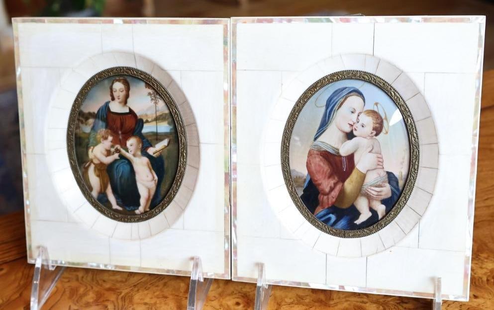 Pair Antique Religious Miniature Paintings, Mother-of-Pearl Frames - 2