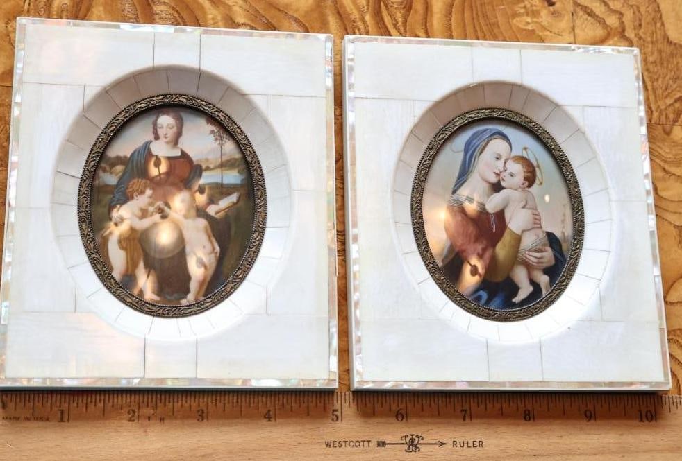 Pair Antique Religious Miniature Paintings, Mother-of-Pearl Frames - 3