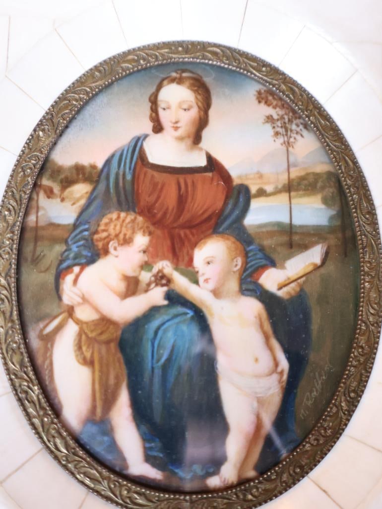 Pair Antique Religious Miniature Paintings, Mother-of-Pearl Frames - 4