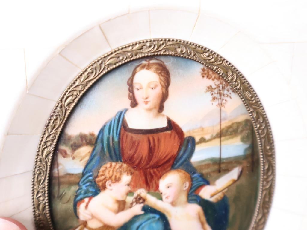 Pair Antique Religious Miniature Paintings, Mother-of-Pearl Frames - 5