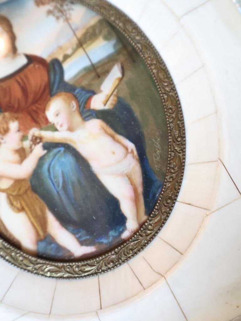 Pair Antique Religious Miniature Paintings, Mother-of-Pearl Frames - 6