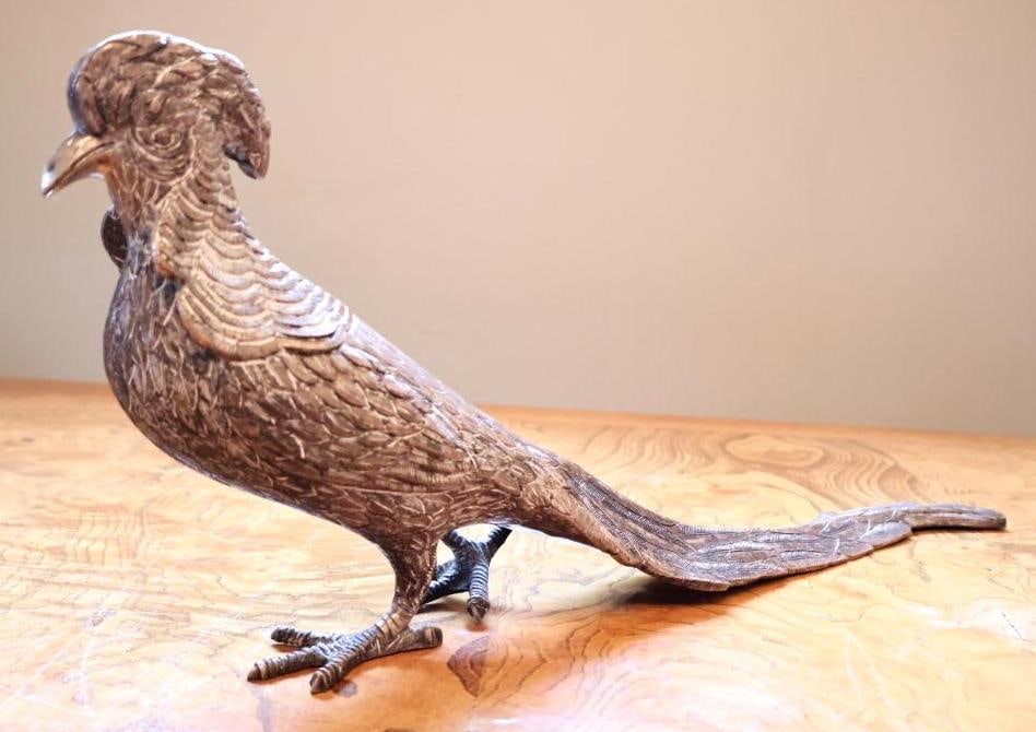 Vintage Sandori Metal Silver-Tone Figural Pheasant Sculpture, Approx. 15in: Large vintage figural pheasant sculpture with finely detailed chased and engraved feather decoration throughout the body, wings, head, and long tail. Naturalistically modeled standing form with