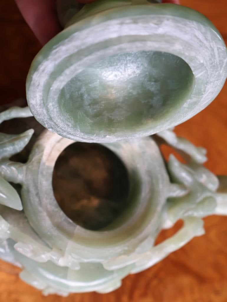 Chinese Carved Green Hardstone Covered Censer, Dragon Handles and Stand - 10