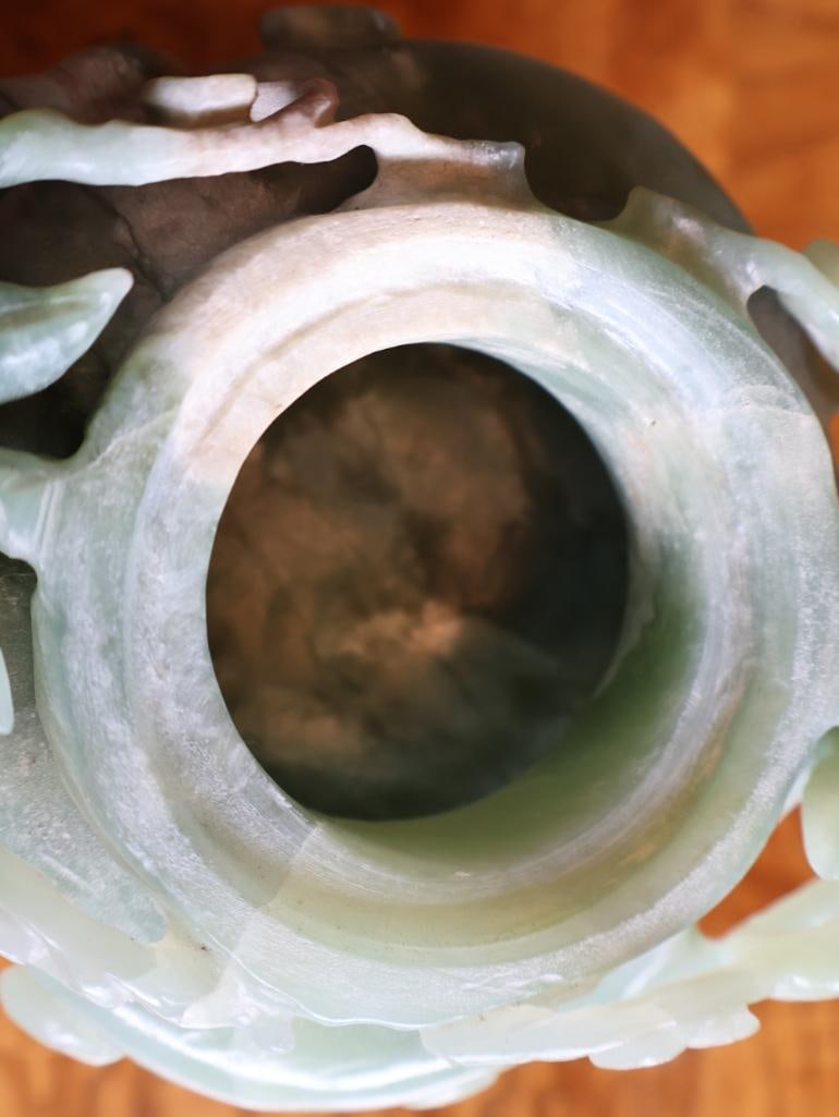 Chinese Carved Green Hardstone Covered Censer, Dragon Handles and Stand - 11