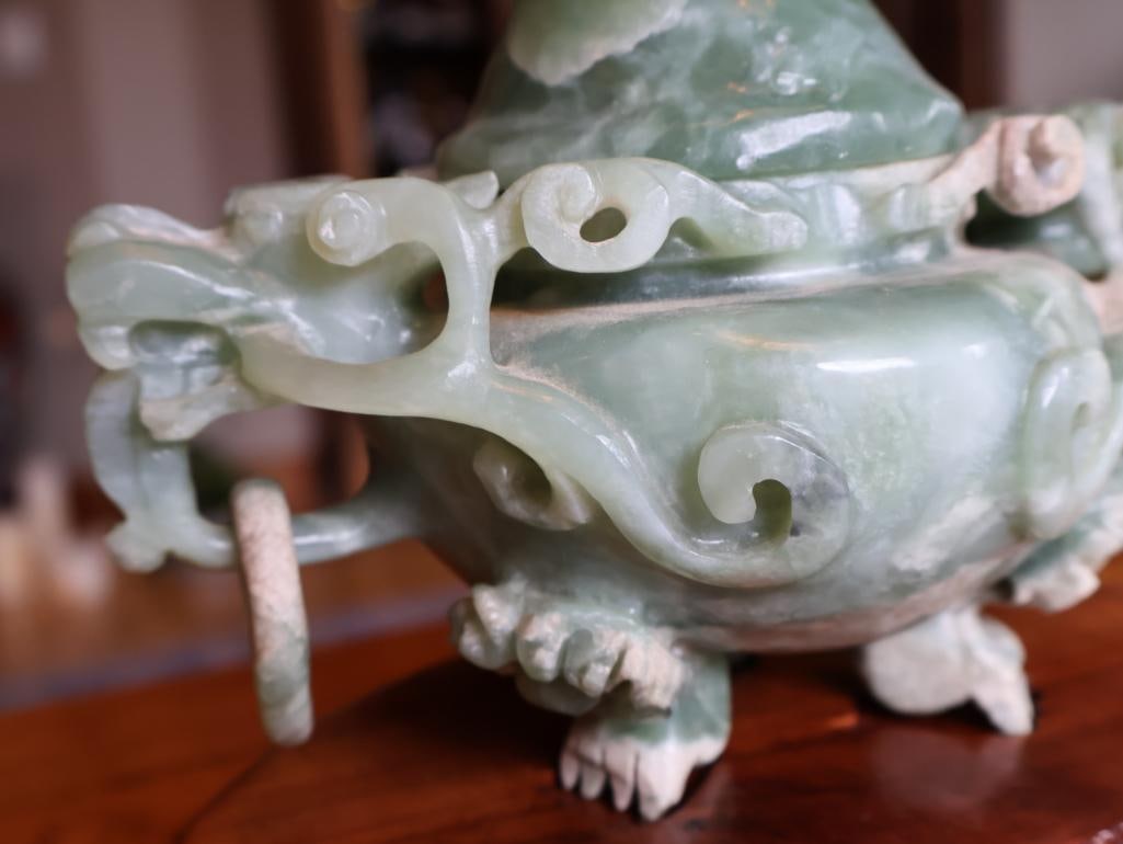 Chinese Carved Green Hardstone Covered Censer, Dragon Handles and Stand - 12