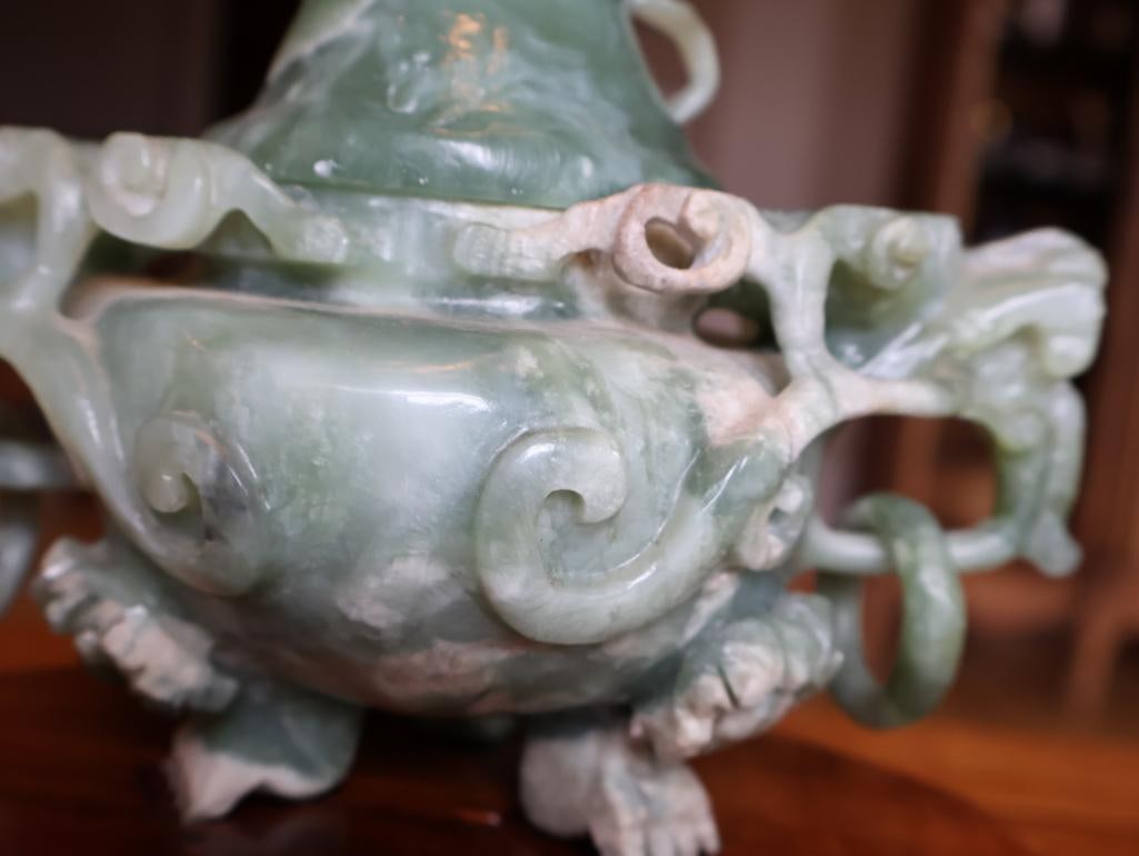 Chinese Carved Green Hardstone Covered Censer, Dragon Handles and Stand - 13