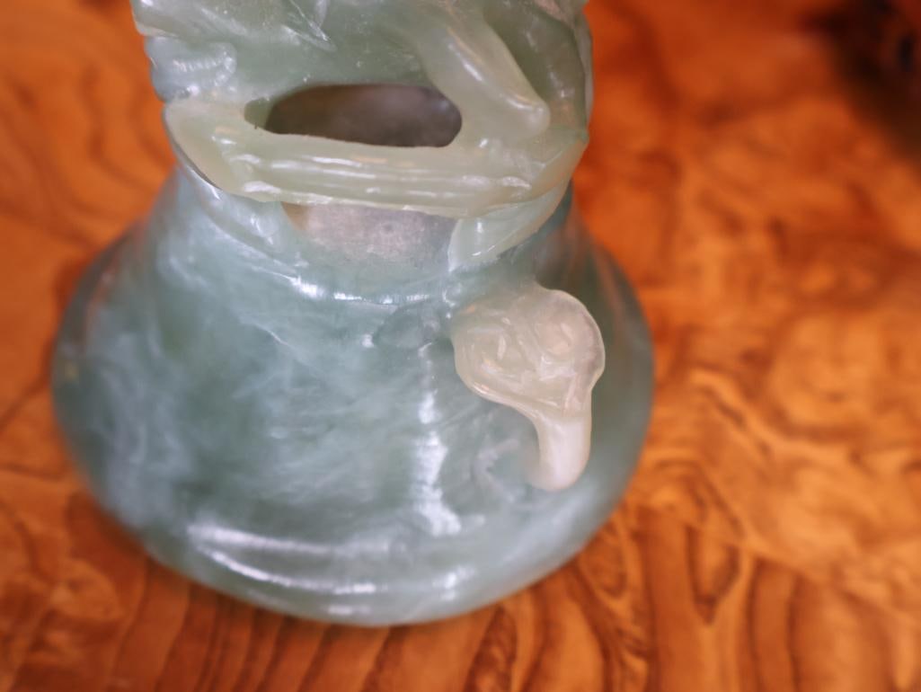 Chinese Carved Green Hardstone Covered Censer, Dragon Handles and Stand - 14