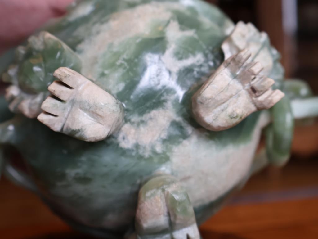 Chinese Carved Green Hardstone Covered Censer, Dragon Handles and Stand - 15