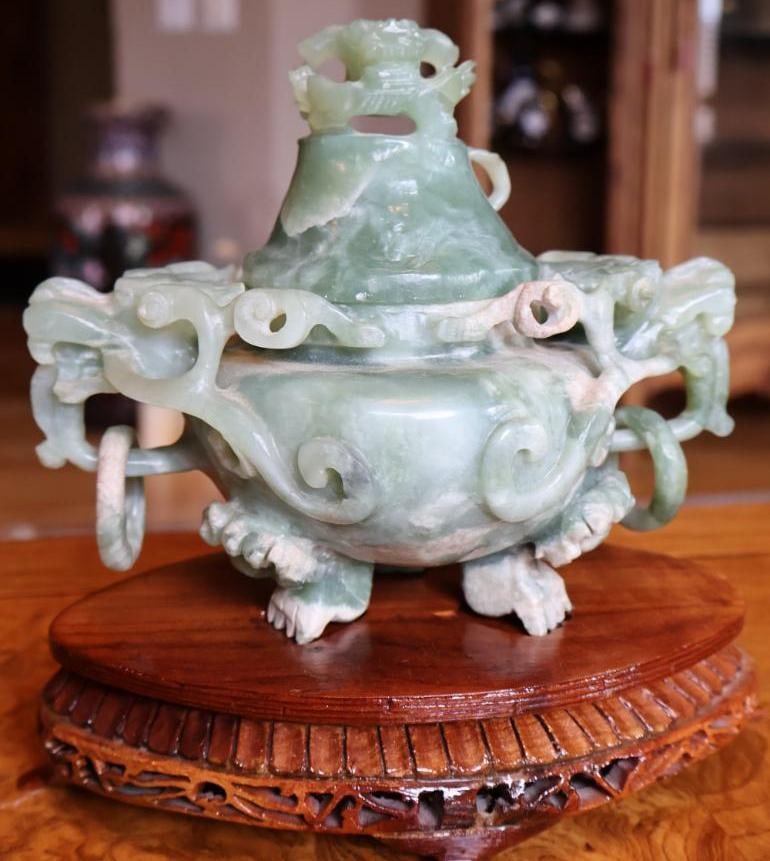 Chinese Carved Green Hardstone Covered Censer, Dragon Handles and Stand - 2