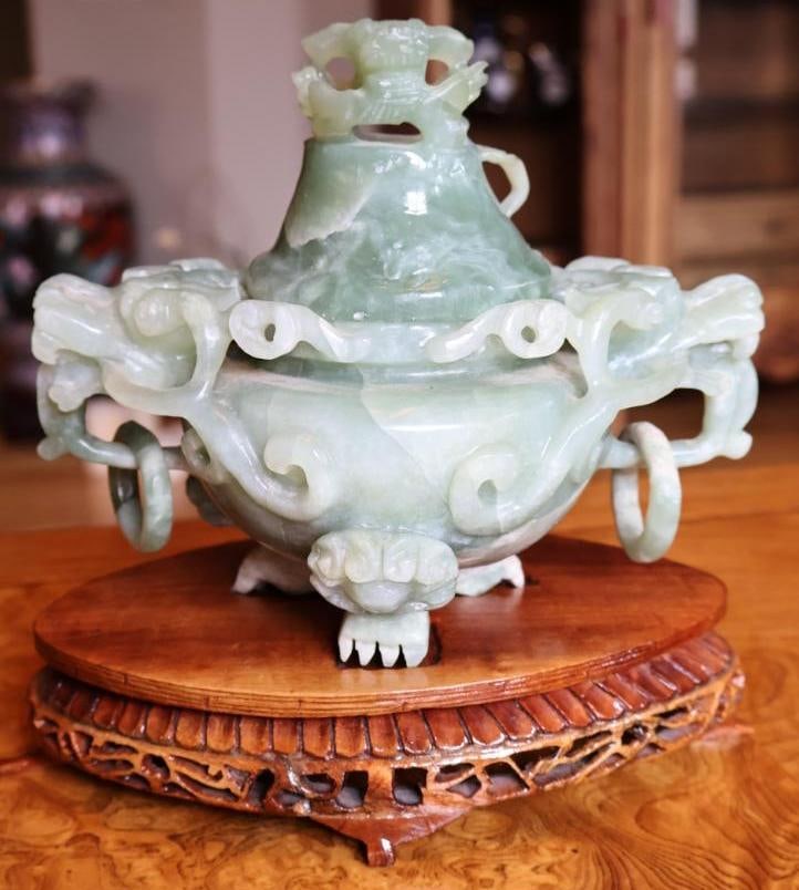 Chinese Carved Green Hardstone Covered Censer, Dragon Handles and Stand - 3