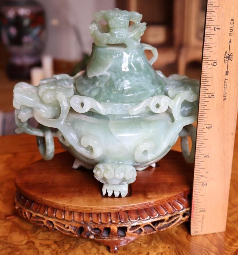 Chinese Carved Green Hardstone Covered Censer, Dragon Handles and Stand - 4