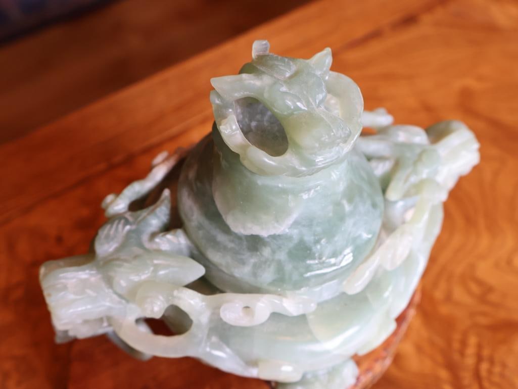 Chinese Carved Green Hardstone Covered Censer, Dragon Handles and Stand - 5