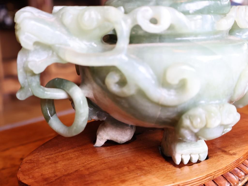 Chinese Carved Green Hardstone Covered Censer, Dragon Handles and Stand - 6