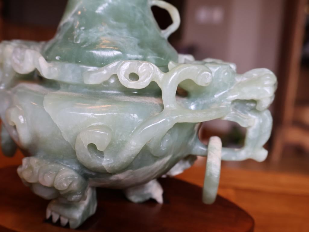 Chinese Carved Green Hardstone Covered Censer, Dragon Handles and Stand - 7