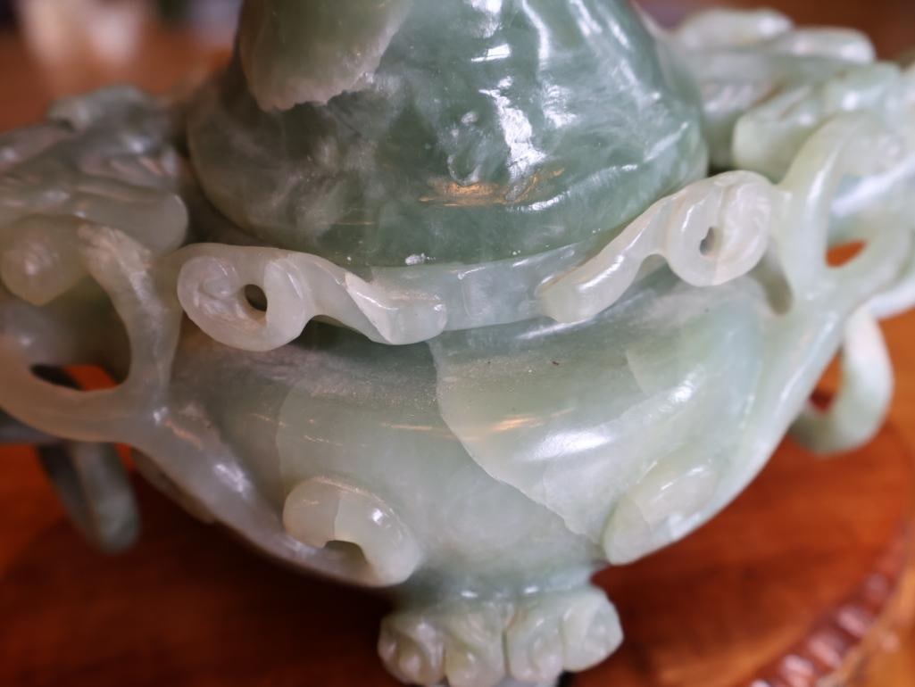 Chinese Carved Green Hardstone Covered Censer, Dragon Handles and Stand - 8
