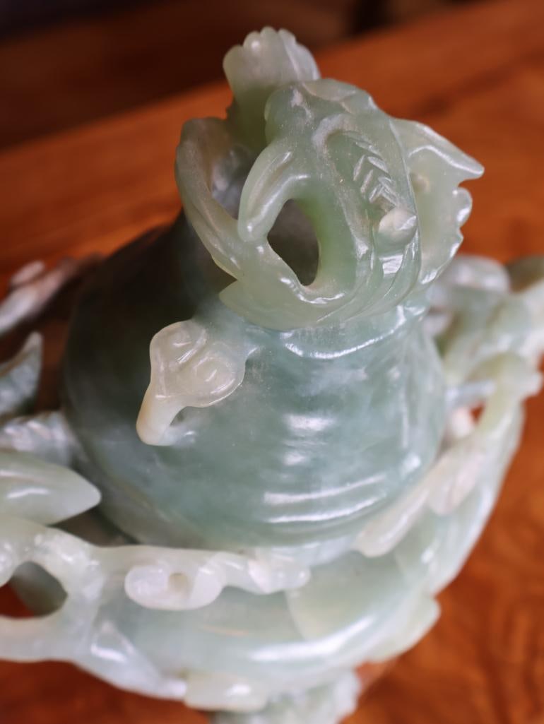 Chinese Carved Green Hardstone Covered Censer, Dragon Handles and Stand - 9
