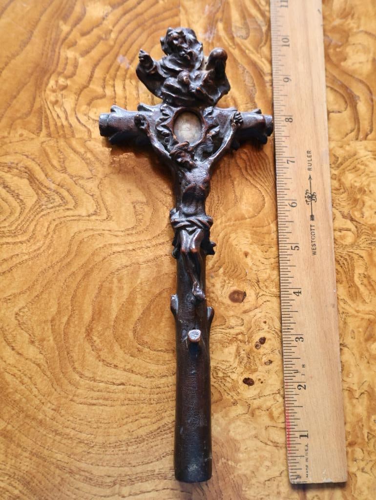Antique Carved Wood Reliquary Crucifix with Hidden Relic Compartment - 2