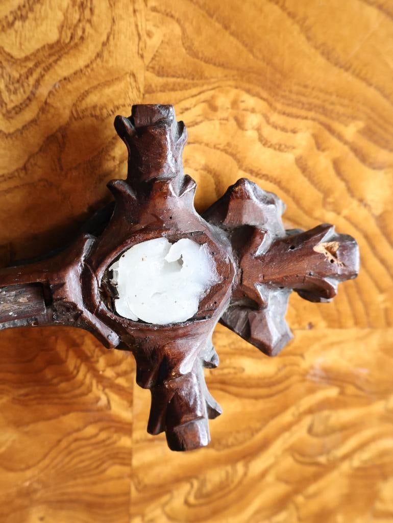 Antique Carved Wood Reliquary Crucifix with Hidden Relic Compartment - 7