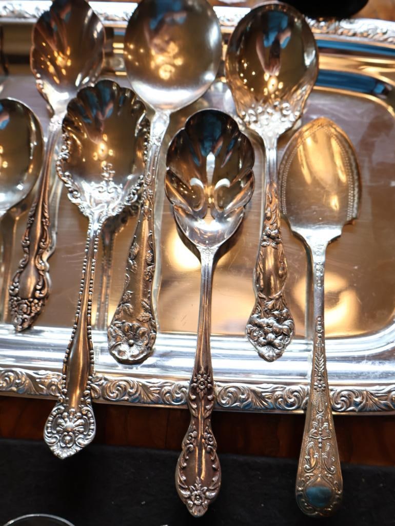 Large Collection of Antique and Vintage Silverplate Flatware with Serving Tray - 11