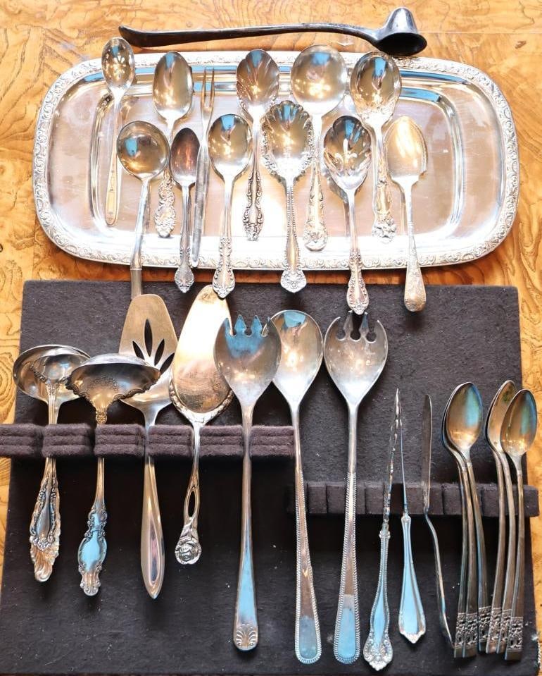 Large Collection of Antique and Vintage Silverplate Flatware with Serving Tray: Large assorted collection of antique and vintage silverplate flatware accompanied by a silverplate serving tray. Includes assorted forks, spoons, knives and serving utensils in a variety of patterns, 