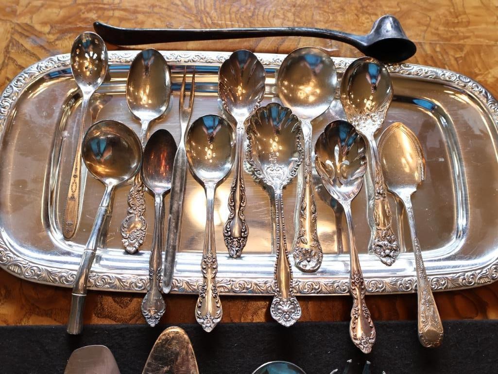 Large Collection of Antique and Vintage Silverplate Flatware with Serving Tray - 8
