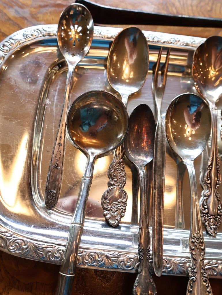 Large Collection of Antique and Vintage Silverplate Flatware with Serving Tray - 9