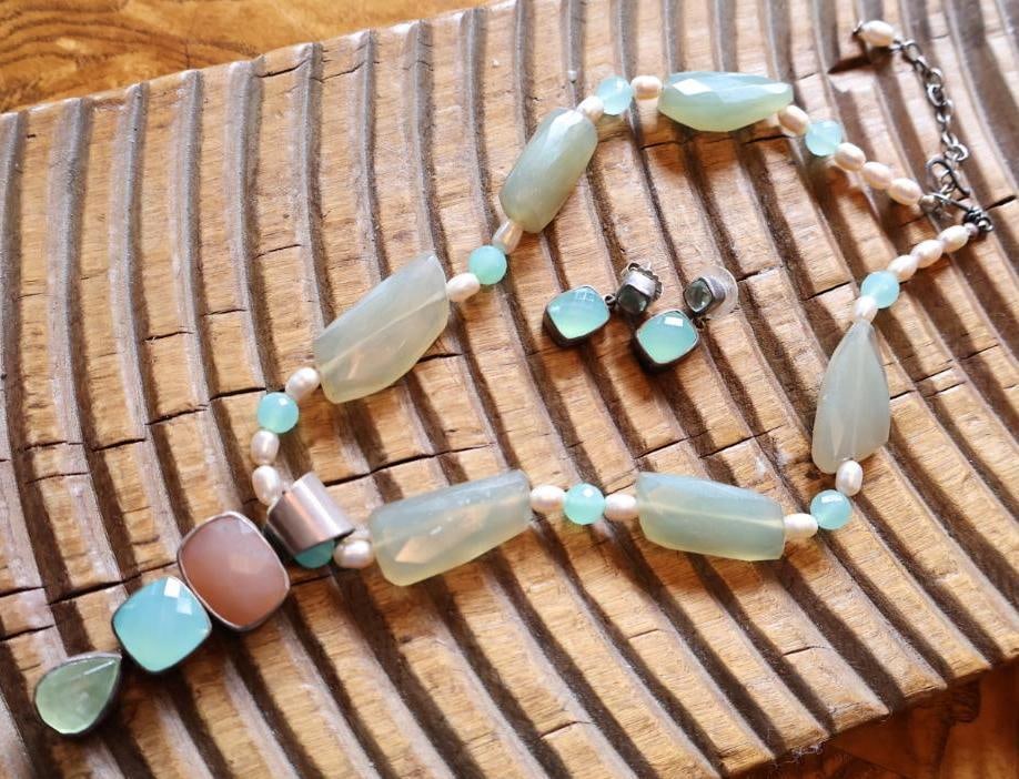 Artisan Sterling Silver Multi-gemstone Statement Necklace and Earring Set: The set utilizes a beautiful blend of pastel and earth-toned minerals. Both marked .925.