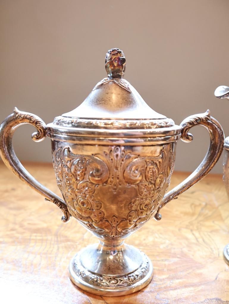 Frank M. Whiting and Co. Hand-Chased Sterling Silver Creamer & Covered Sugar Bowl - 4