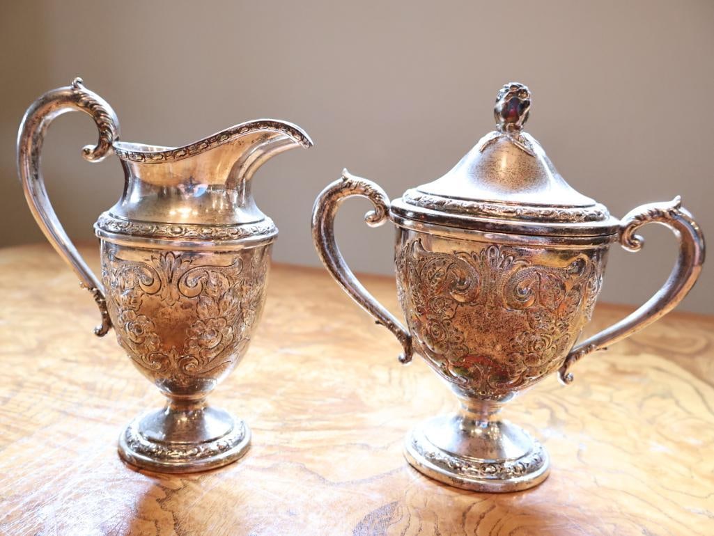 Frank M. Whiting and Co. Hand-Chased Sterling Silver Creamer & Covered Sugar Bowl - 5