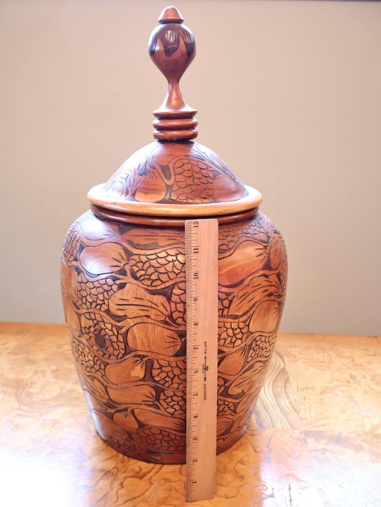 Large Hand-Carved Wood Covered Urn with Floral & Foliate Motif, 19" - 2