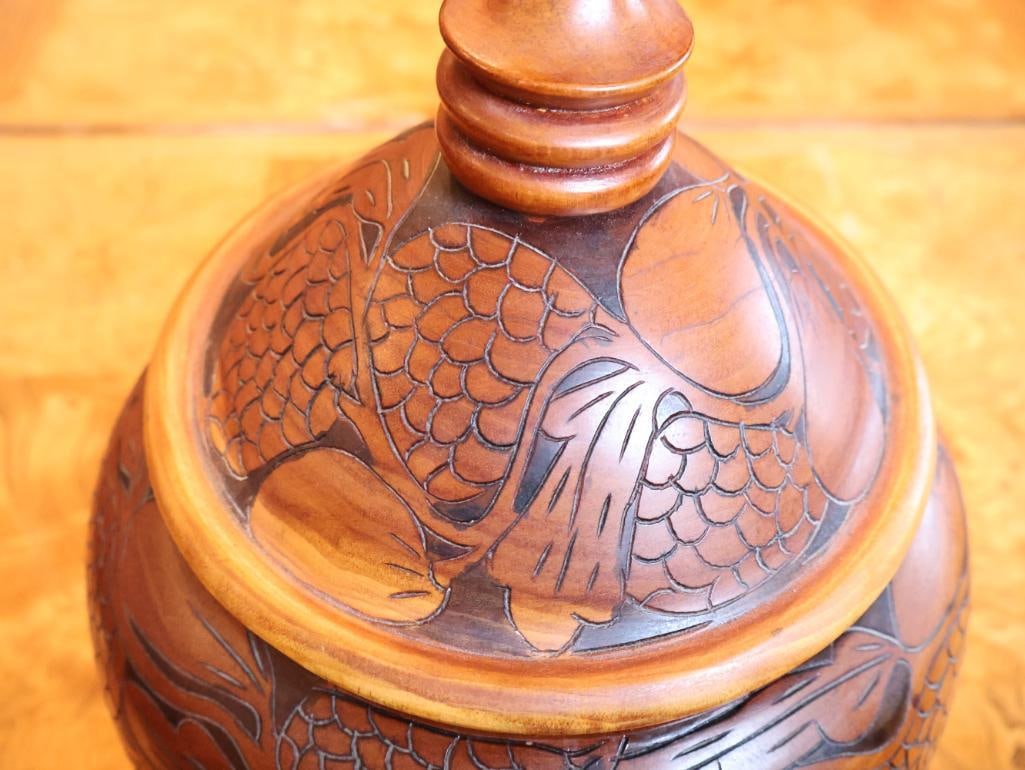 Large Hand-Carved Wood Covered Urn with Floral & Foliate Motif, 19" - 4