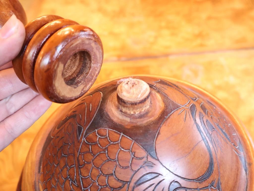 Large Hand-Carved Wood Covered Urn with Floral & Foliate Motif, 19" - 5