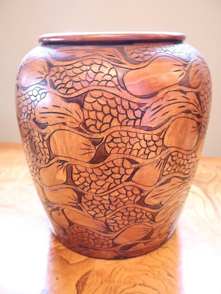 Large Hand-Carved Wood Covered Urn with Floral & Foliate Motif, 19" - 8