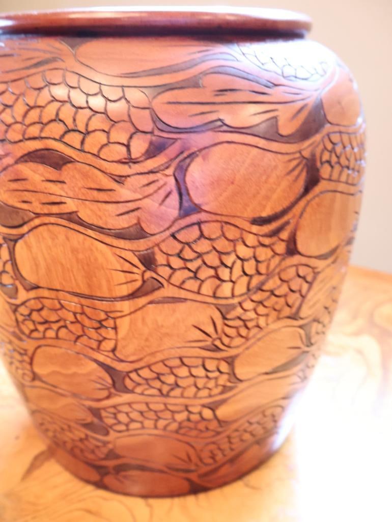 Large Hand-Carved Wood Covered Urn with Floral & Foliate Motif, 19" - 9