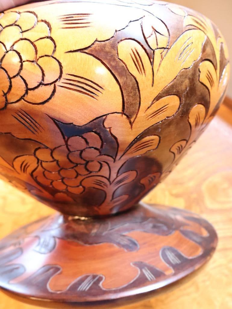 Large Hand-Carved Floral Wood Covered Urn / Decorative Vessel, 17" - 10
