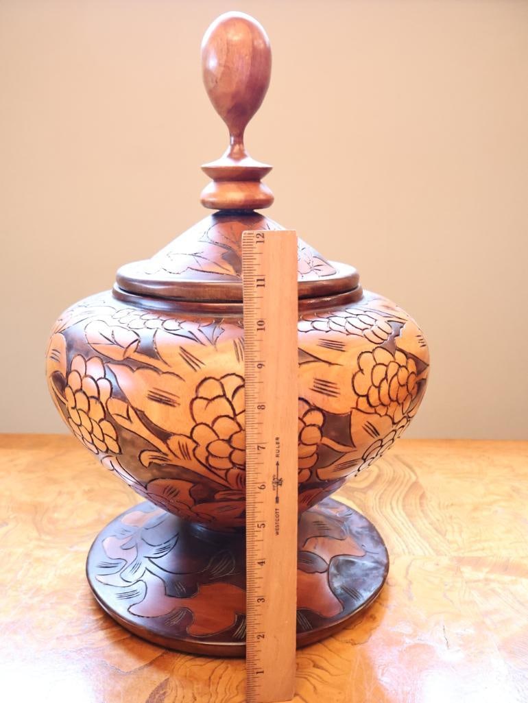 Large Hand-Carved Floral Wood Covered Urn / Decorative Vessel, 17" - 2