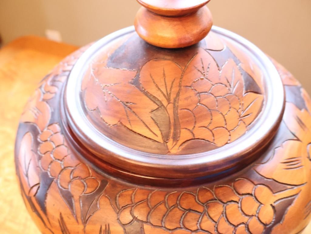 Large Hand-Carved Floral Wood Covered Urn / Decorative Vessel, 17" - 4